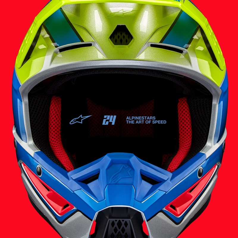 Alpinestars S-M5 Sail fluo geltonai-mėlynai-sidabrinis motokroso šalmas