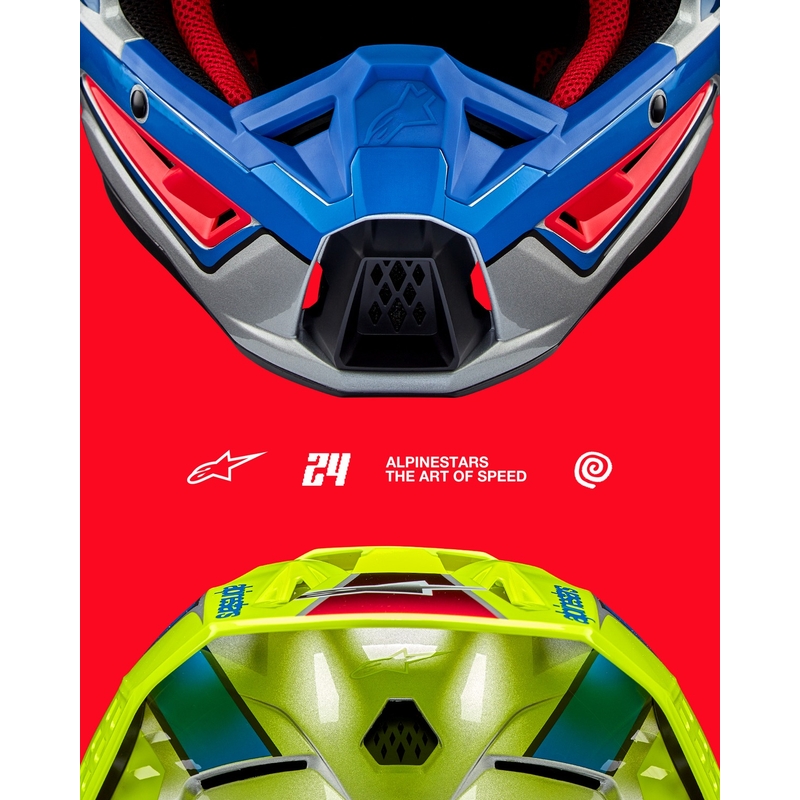 Alpinestars S-M5 Sail fluo geltonai-mėlynai-sidabrinis motokroso šalmas