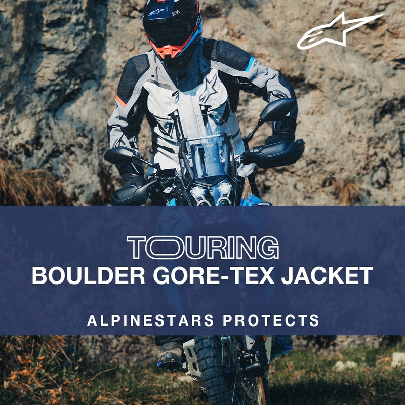 Alpinestars Boulder Gore-Tex tamsiai mėlyna-juoda motociklininko striukė