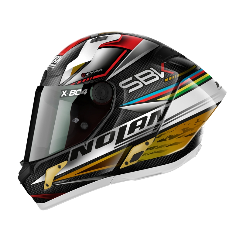 Nolan X-804 RS Ultra Carbon SBK integralus motociklininko šalmas juodas-raudonas-auksinis