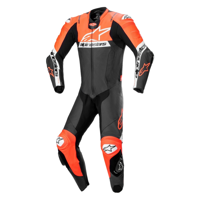 "Alpinestars Missile 2 Ward" juoda-fluo raudona-balta odinis motociklininko kombinezonas