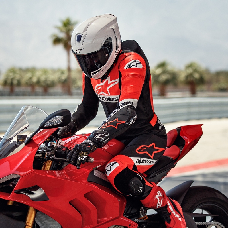 "Alpinestars Missile 2 Ward" juoda-fluo raudona-balta odinis motociklininko kombinezonas