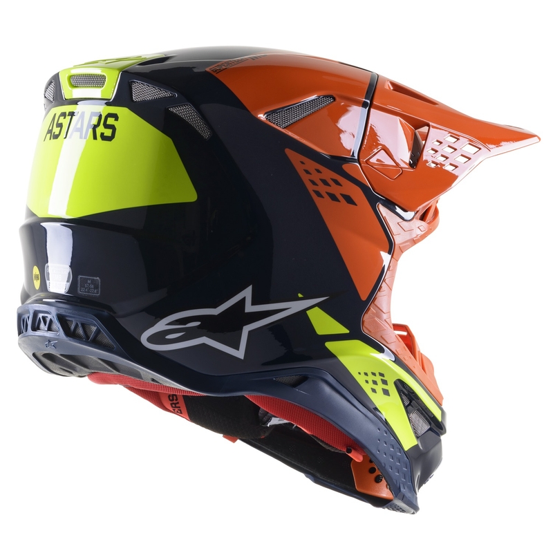 Motokrosová helma Alpinestars Supertech S-M8 Factory tmavo modro-oranžovo-fluo žlutá lesklá