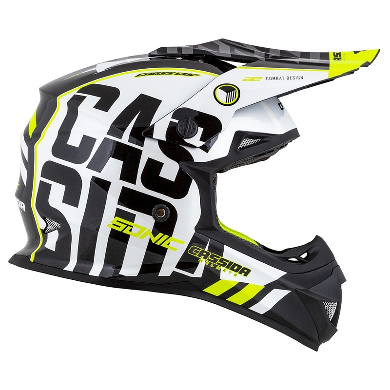 Dětská motokrosová helma Cassida Cross Cup Sonic Junior černo-bílo-fluo žluto-šedá