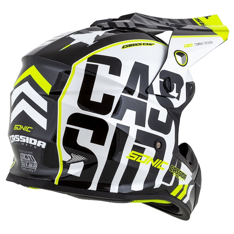 Dětská motokrosová helma Cassida Cross Cup Sonic Junior černo-bílo-fluo žluto-šedá