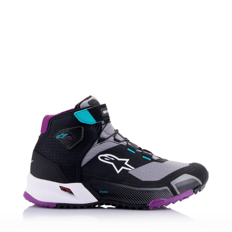 "Alpinestars" moterų "Stella CR-X Drystar" juodai pilkai violetinės ir turkio spalvos motociklininkų batai