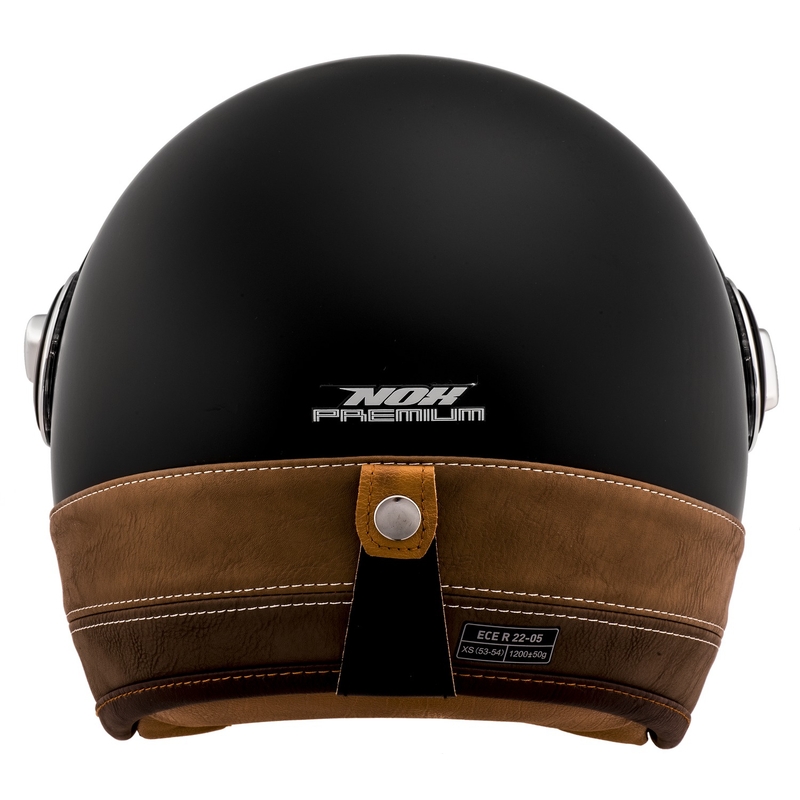 NOX PREMIUM Heritage atviras motociklo šalmas, matinės juodos spalvos su ruda oda