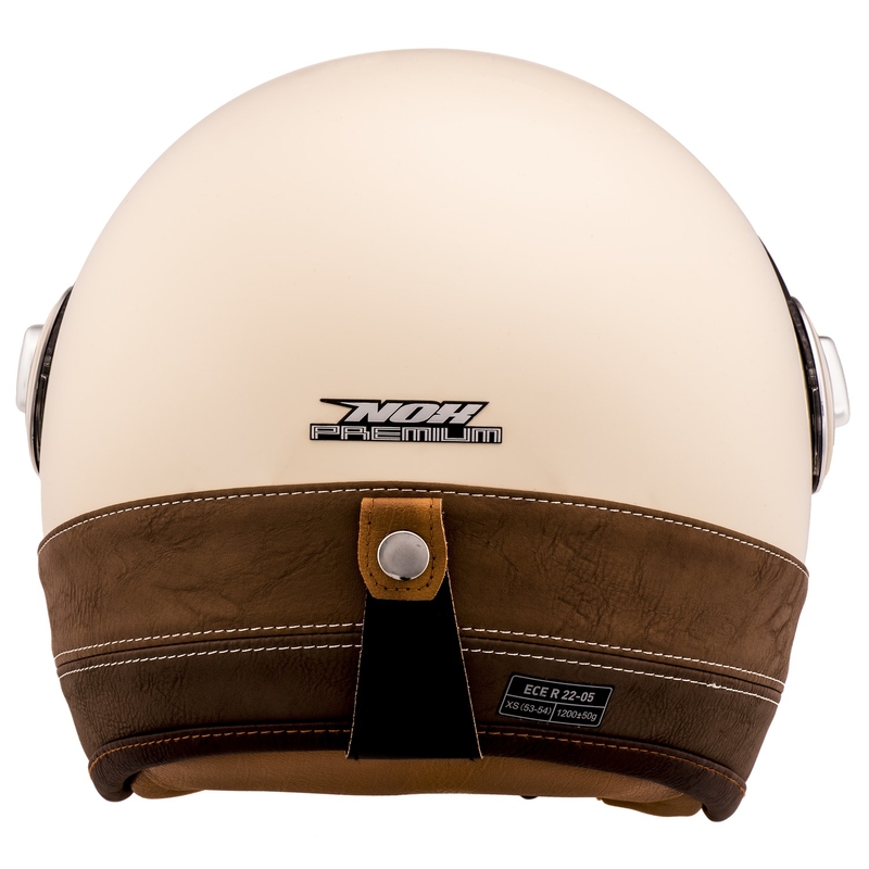 Atviras motociklininko šalmas NOX PREMIUM Heritage kreminės baltos spalvos su ruda oda