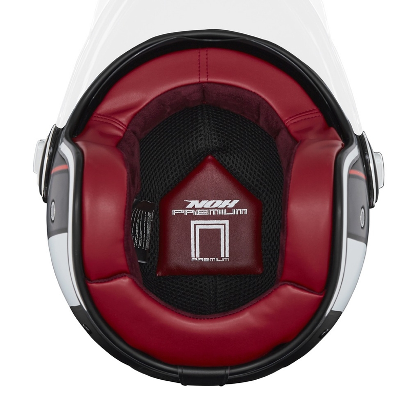 Atviras motociklininko šalmas NOX PREMIUM Heritage matinis juodas-raudonas-baltas