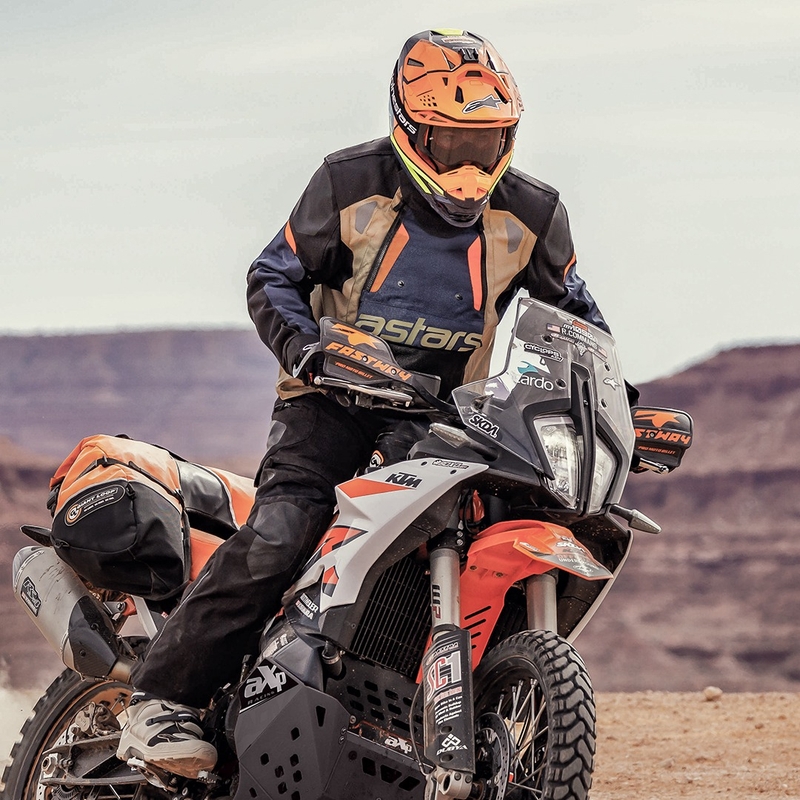 "Alpinestars Halo Drystar" tamsiai mėlyna-chaki-oranžinė-juoda motociklininko striukė