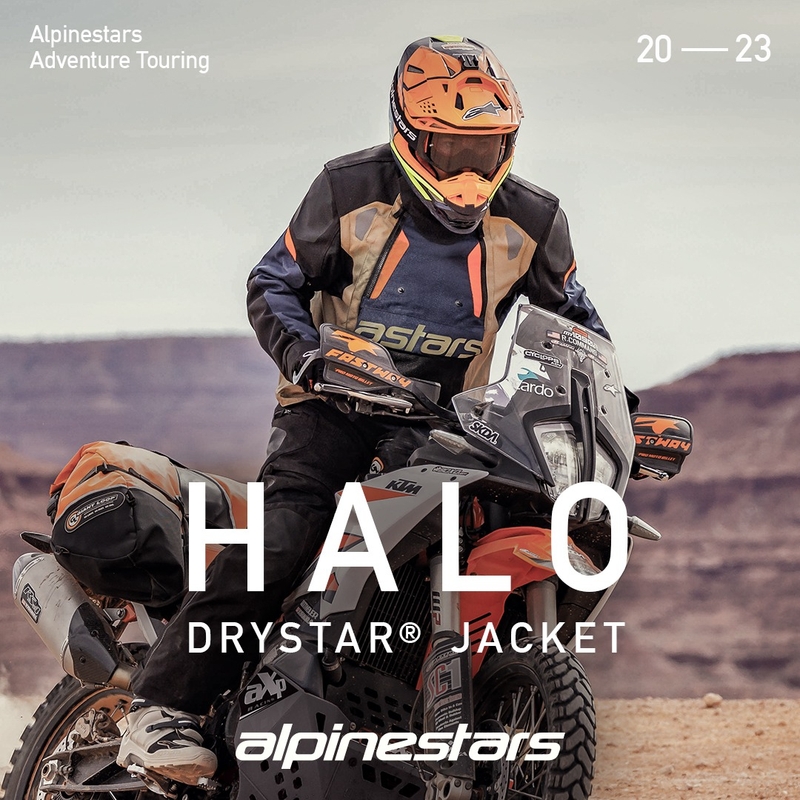"Alpinestars Halo Drystar" tamsiai mėlyna-chaki-oranžinė-juoda motociklininko striukė