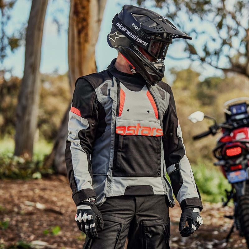 Alpinestars Halo Drystar šviesiai pilka-tamsiai pilka-juoda-fluo raudona motociklininko striukė