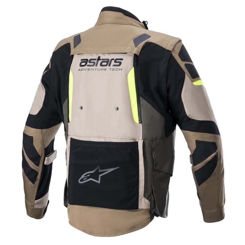 Alpinestars Halo Drystar chaki smėlio spalvos ir fluoro geltonumo motociklininko striukė