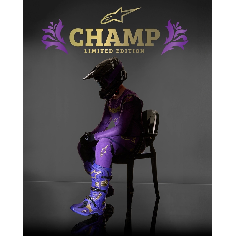 "Alpinestars Tech 10" riboto leidimo "Champ" violetinės ir auksinės spalvos motociklų batai