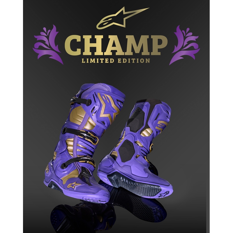 "Alpinestars Tech 10" riboto leidimo "Champ" violetinės ir auksinės spalvos motociklų batai