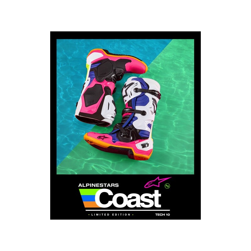 Alpinestars Tech 10 Limited Edition Coast White-Dark Blue-Pink-Fluo Yellow-Orange-Black motociklininkų batai