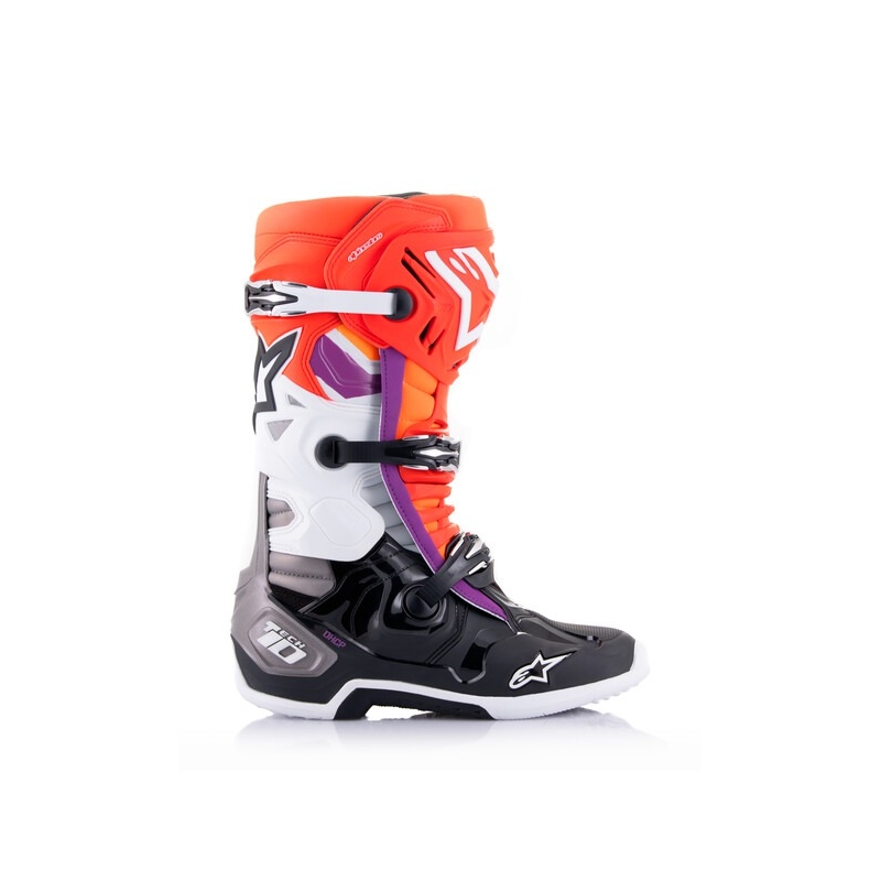 Alpinestars Tech 10 oranžiniai-geltoni-violetiniai-balti-juodi motociklininko batai