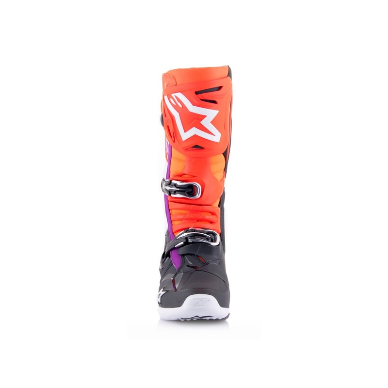 Alpinestars Tech 10 oranžiniai-geltoni-violetiniai-balti-juodi motociklininko batai