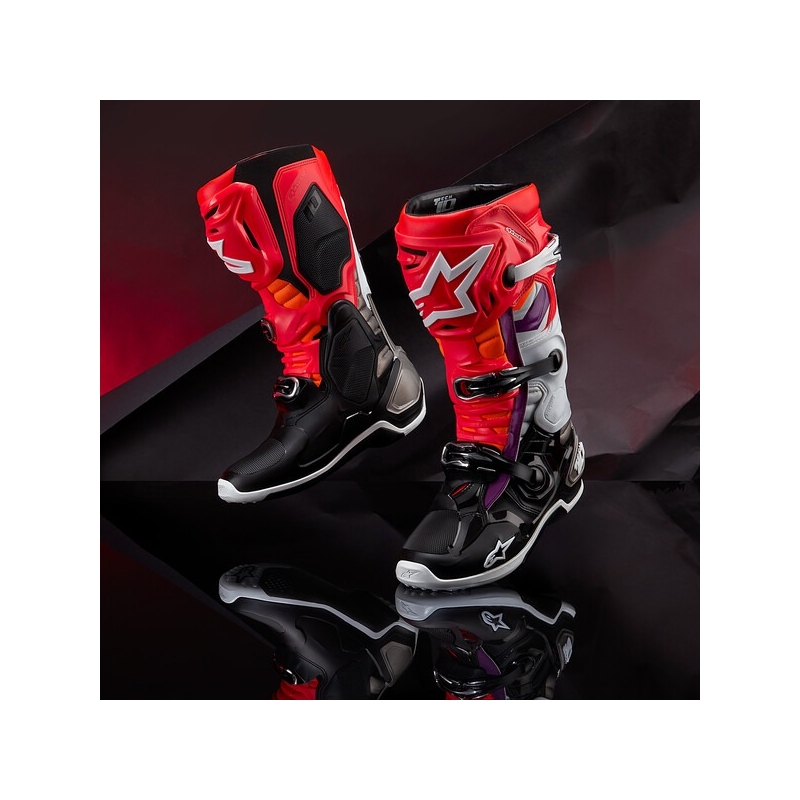 Alpinestars Tech 10 oranžiniai-geltoni-violetiniai-balti-juodi motociklininko batai