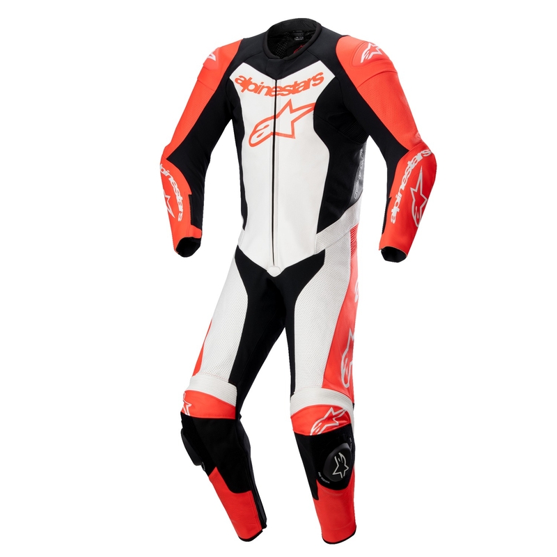"Alpinestars GP Force Lurv fluo" raudonos-baltos-juodos spalvų vientisas odinis motociklininko kostiumas
