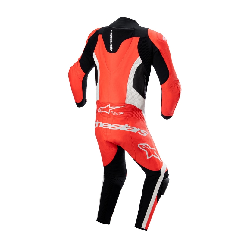 "Alpinestars GP Force Lurv fluo" raudonos-baltos-juodos spalvų vientisas odinis motociklininko kostiumas