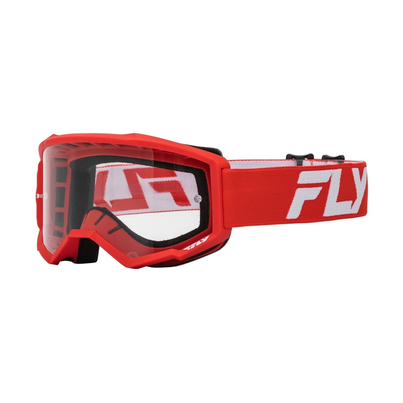 Motokroso akiniai "FLY Racing Focus" raudonos ir baltos spalvos su skaidriu stiklu