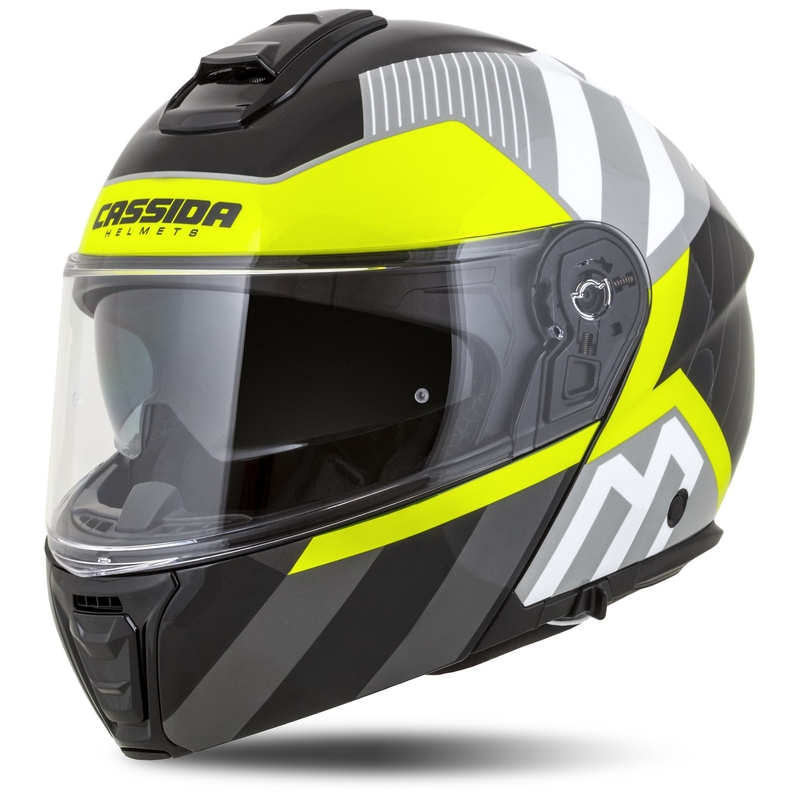 "Cassida Modulo 2.1 Profile" apverčiamas motociklininko šalmas balta-juoda-fluo geltona-pilka
