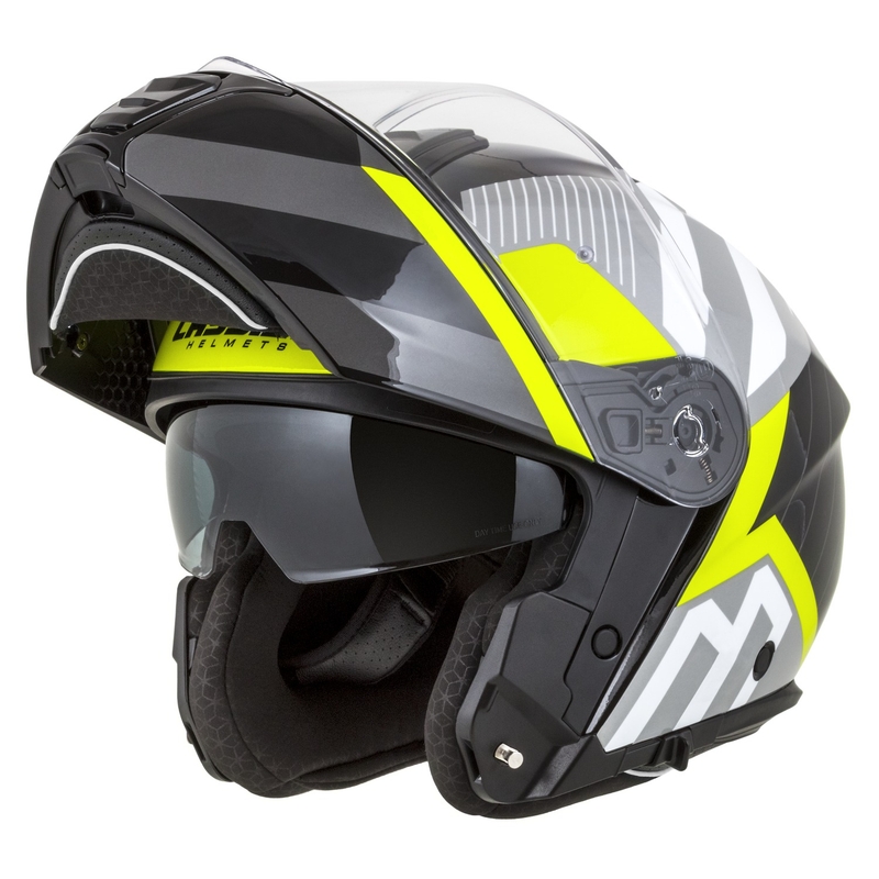 "Cassida Modulo 2.1 Profile" apverčiamas motociklininko šalmas balta-juoda-fluo geltona-pilka