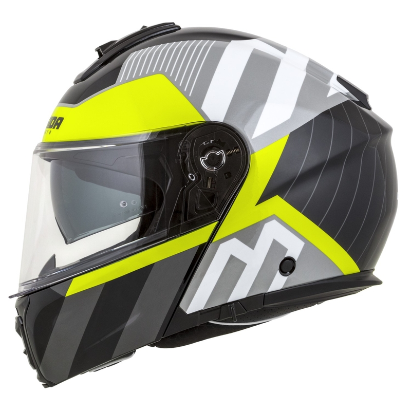 "Cassida Modulo 2.1 Profile" apverčiamas motociklininko šalmas balta-juoda-fluo geltona-pilka