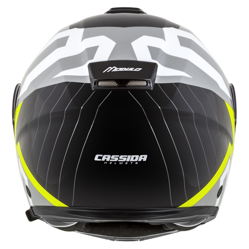 "Cassida Modulo 2.1 Profile" apverčiamas motociklininko šalmas balta-juoda-fluo geltona-pilka