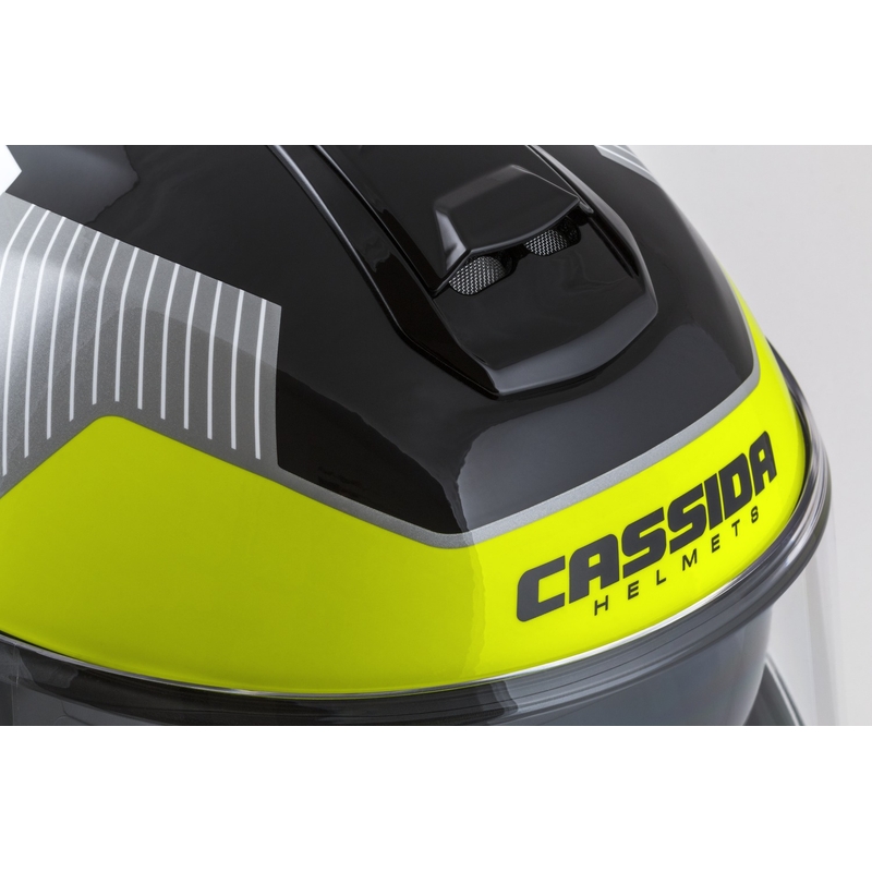 "Cassida Modulo 2.1 Profile" apverčiamas motociklininko šalmas balta-juoda-fluo geltona-pilka