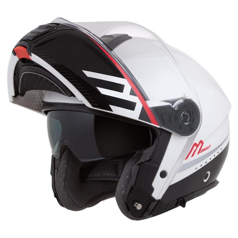 "Cassida Modulo 2.1 Compass" apverčiamas motociklininko šalmas perlamutrinis baltas-juodas-raudonas-sidabrinis