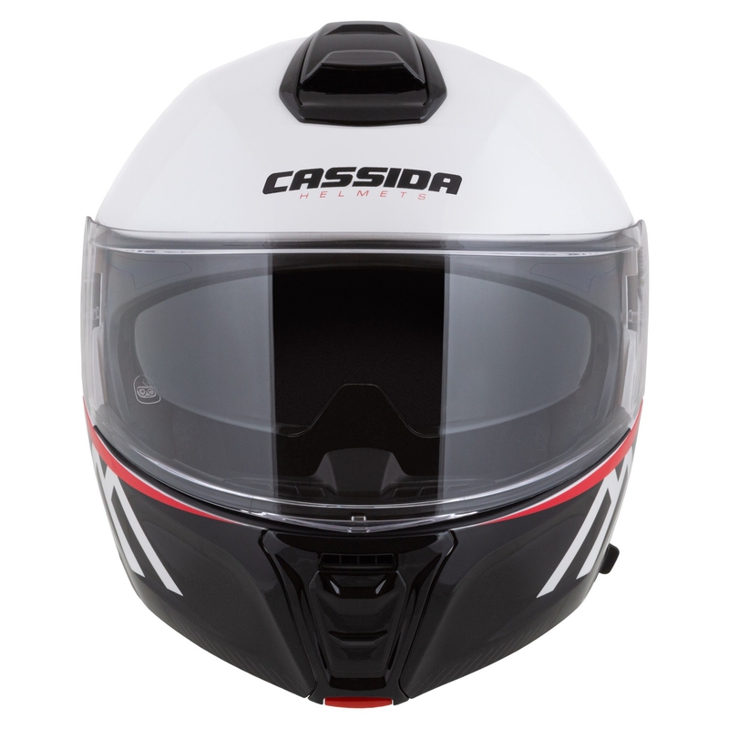"Cassida Modulo 2.1 Compass" apverčiamas motociklininko šalmas perlamutrinis baltas-juodas-raudonas-sidabrinis