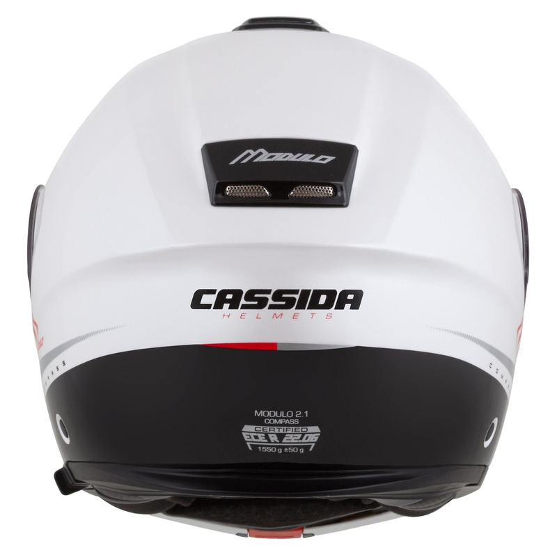 "Cassida Modulo 2.1 Compass" apverčiamas motociklininko šalmas perlamutrinis baltas-juodas-raudonas-sidabrinis