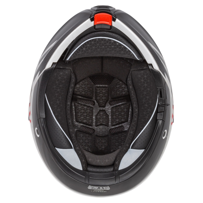 "Cassida Modulo 2.1 Compass" apverčiamas motociklininko šalmas perlamutrinis baltas-juodas-raudonas-sidabrinis