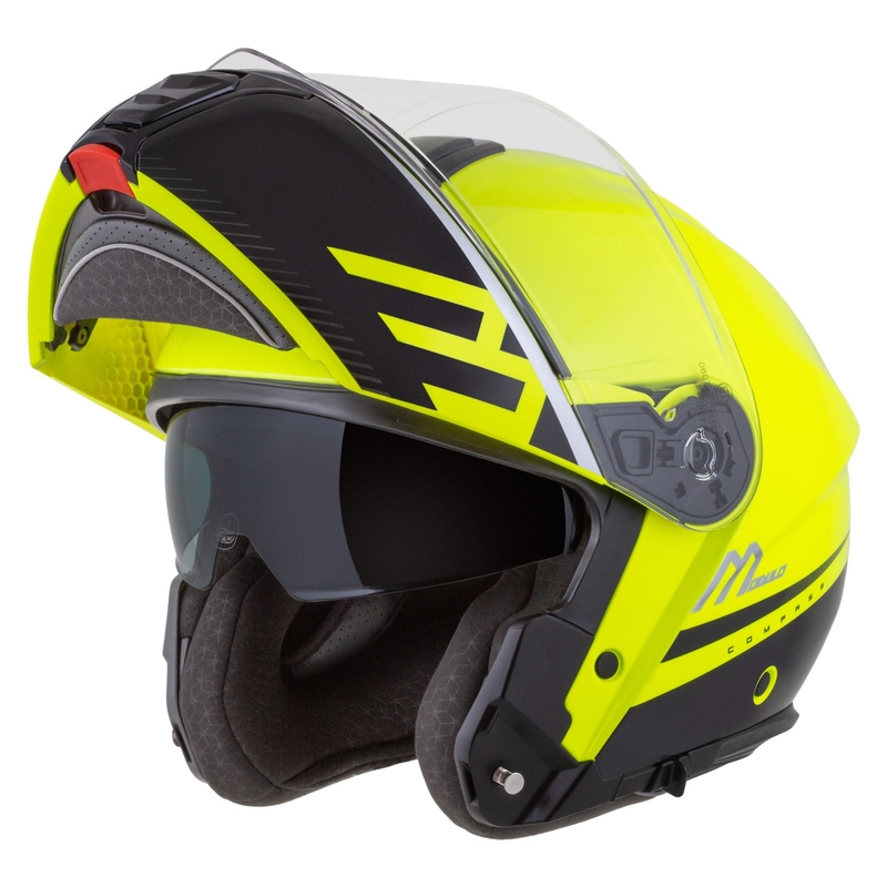 Cassida Modulo 2.1 Compass fluo geltona-juoda-sidabrinė-raudona apverčiamas motociklininko šalmas
