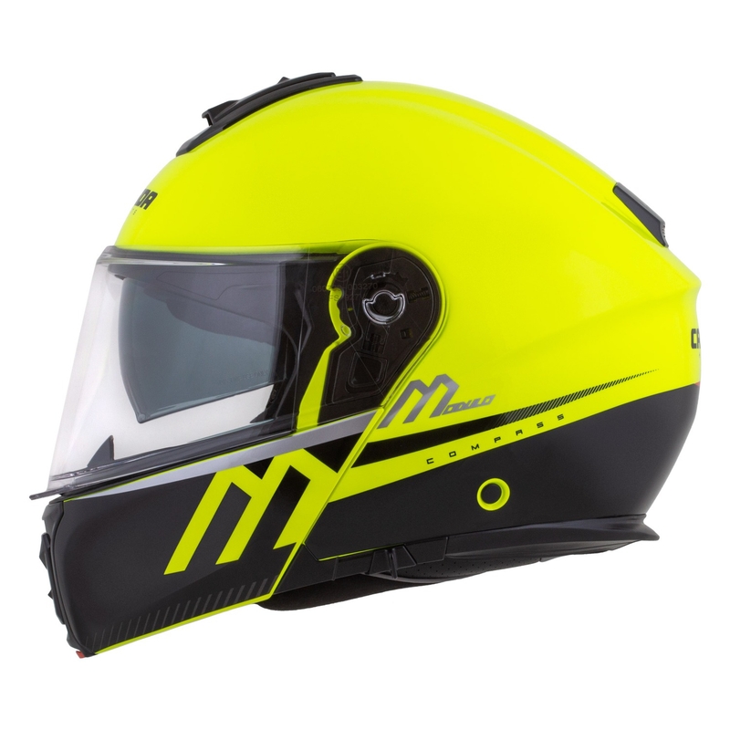 Cassida Modulo 2.1 Compass fluo geltona-juoda-sidabrinė-raudona apverčiamas motociklininko šalmas