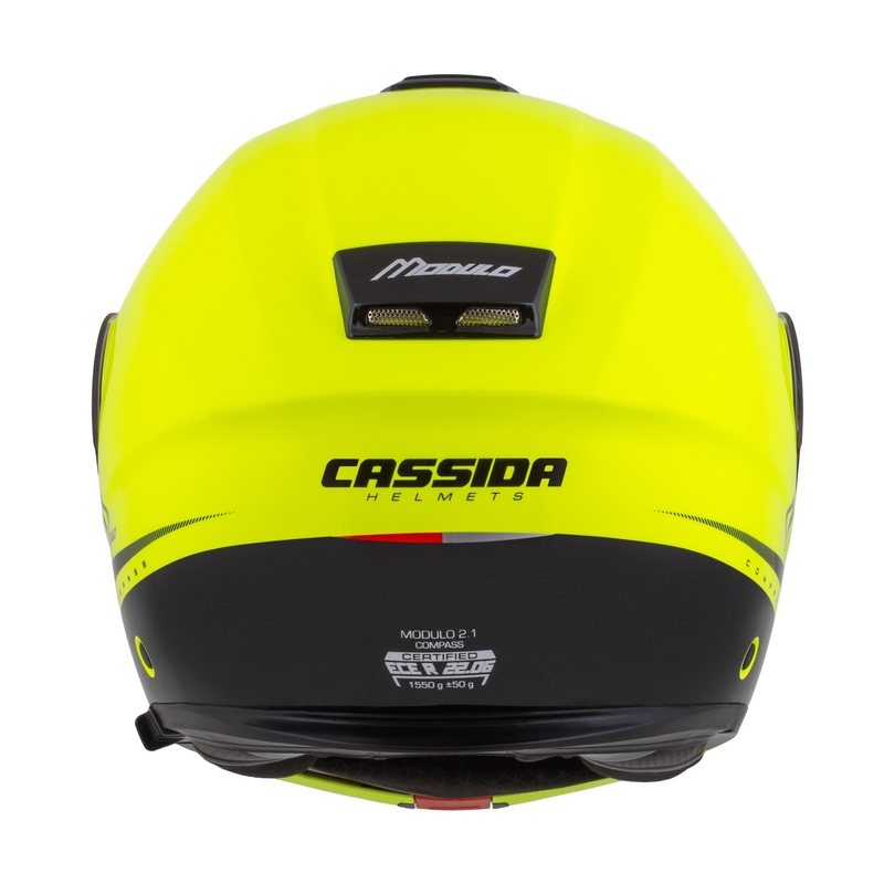 Cassida Modulo 2.1 Compass fluo geltona-juoda-sidabrinė-raudona apverčiamas motociklininko šalmas