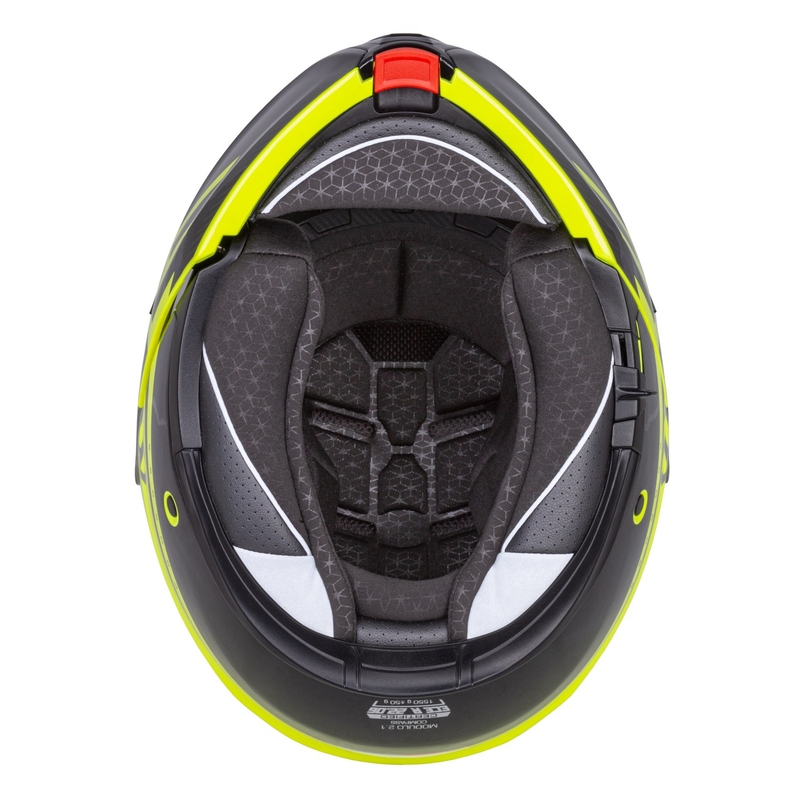 Cassida Modulo 2.1 Compass fluo geltona-juoda-sidabrinė-raudona apverčiamas motociklininko šalmas