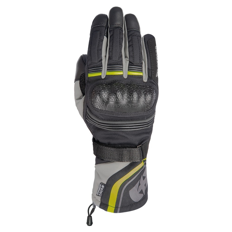 Oxford Montreal 4.0 DRY2DRY™ juodai pilkos ir mėlynai geltonos motociklininko pirštinės