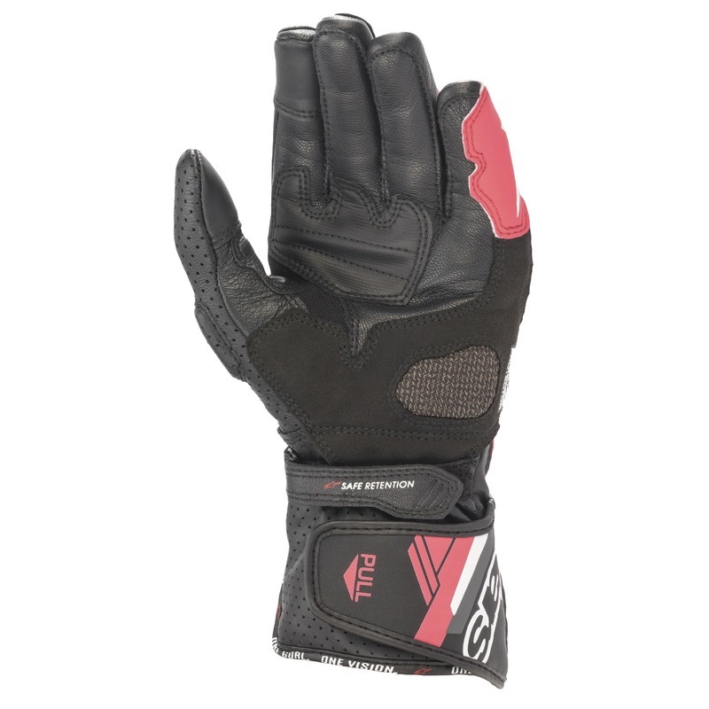 Alpinestars SP-8 moteriškos motociklininko pirštinės juodos, baltos ir rožinės spalvos