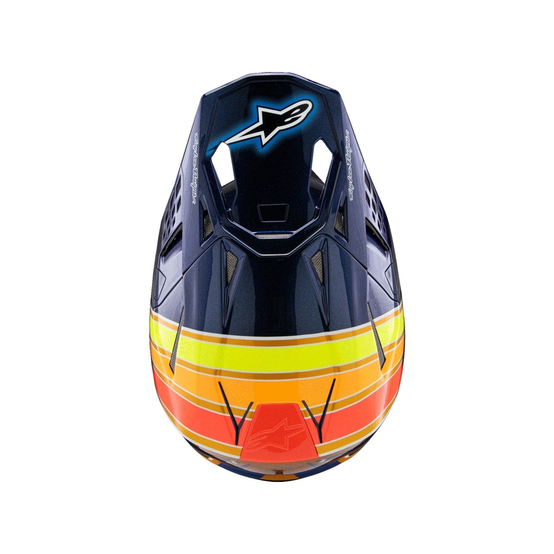 Alpinestars Supertech S-M10 motokroso šalmas TROY LEE DESIGNS perlamutrinis mėlynas-fluo oranžinis-geltonas-raudonas