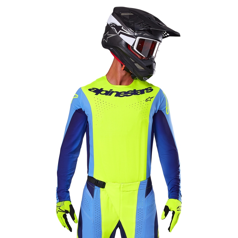 Alpinestars Techstar Melt fluo geltonai mėlyni motokroso marškinėliai