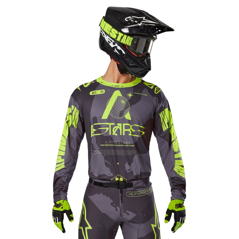 Alpinestars Racer Hollow tamsiai kamufliažiniai-fluo geltoni motokroso marškinėliai