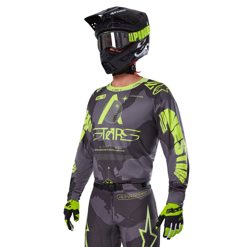 Alpinestars Racer Hollow tamsiai kamufliažiniai-fluo geltoni motokroso marškinėliai