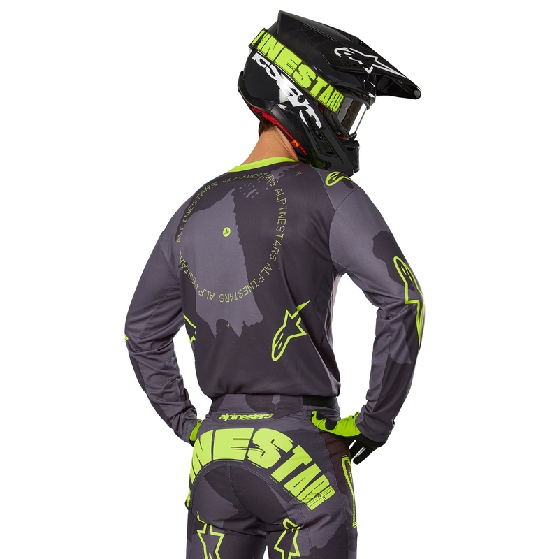 Alpinestars Racer Hollow tamsiai kamufliažiniai-fluo geltoni motokroso marškinėliai