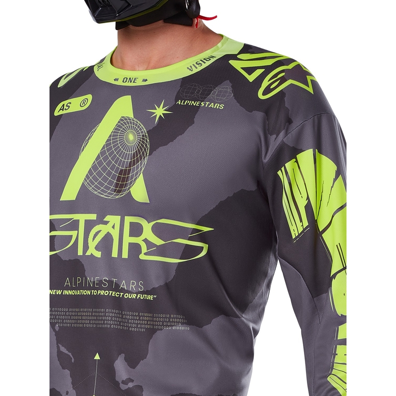 Alpinestars Racer Hollow tamsiai kamufliažiniai-fluo geltoni motokroso marškinėliai
