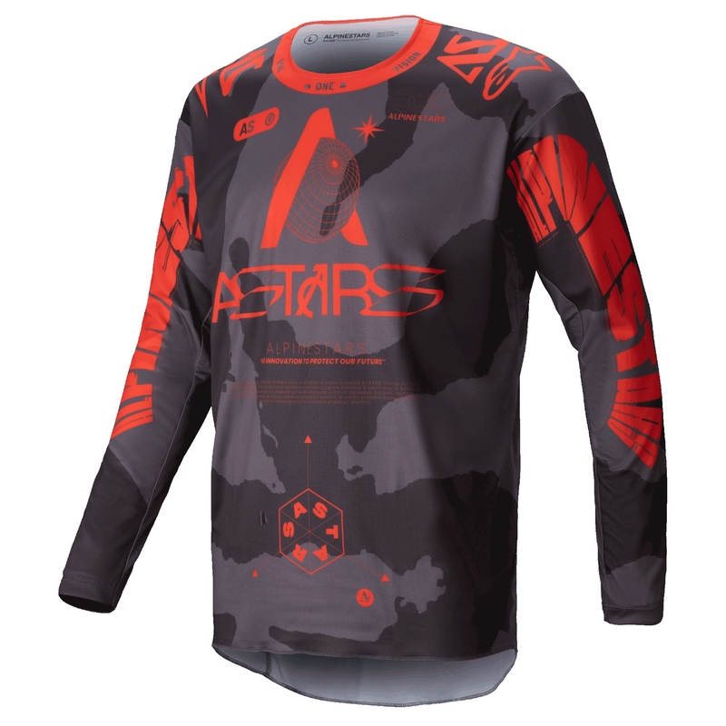 Alpinestars Racer Hollow pilki kamufliažiniai oranžiniai motokroso marškinėliai