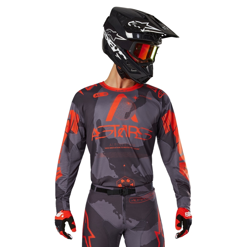 Alpinestars Racer Hollow pilki kamufliažiniai oranžiniai motokroso marškinėliai