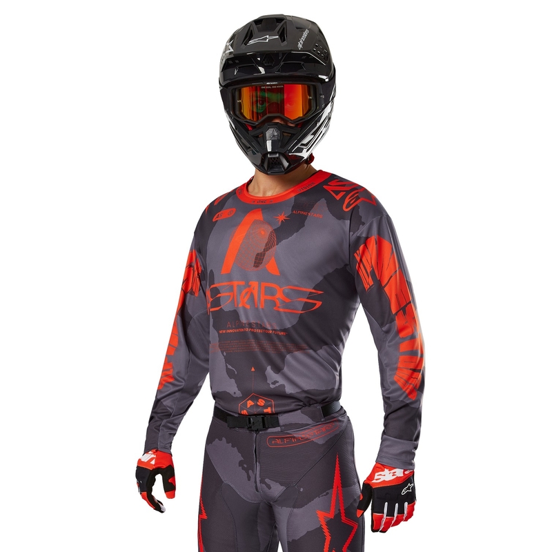 Alpinestars Racer Hollow pilki kamufliažiniai oranžiniai motokroso marškinėliai